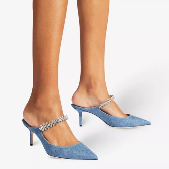 Jimmy Choo Bing 65 Mules Blue Denim Crystal Embellished Pointed Toe 36.5 - Picture 2 of 12